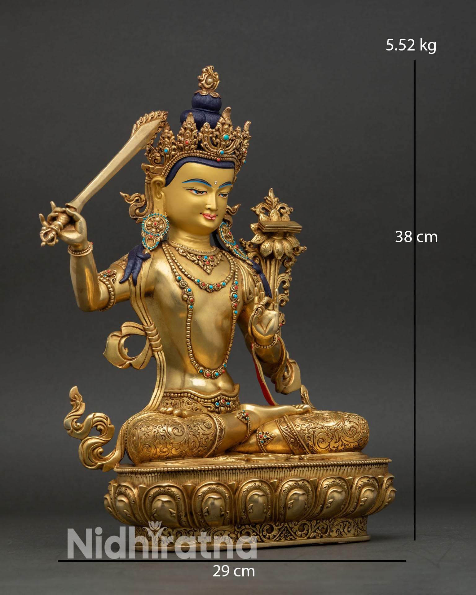 Manjushri wisdom deity statue, Nepal, handmade copper artwork depicting sacred posture with flaming sword