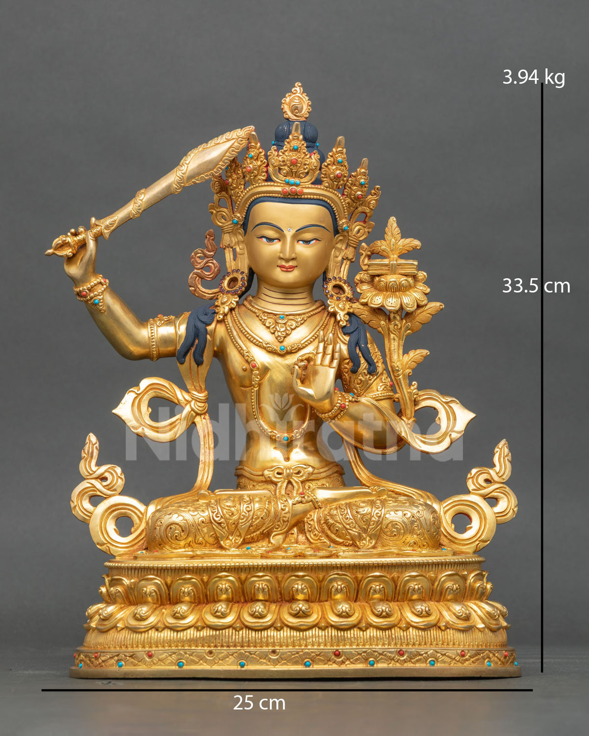 Manjushri Statue copper gold fire gilded Newari art from Patan Nepal.