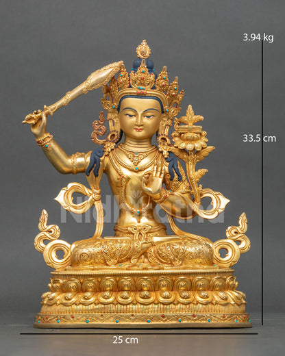 Manjushri Statue copper gold fire gilded Newari art from Patan Nepal.