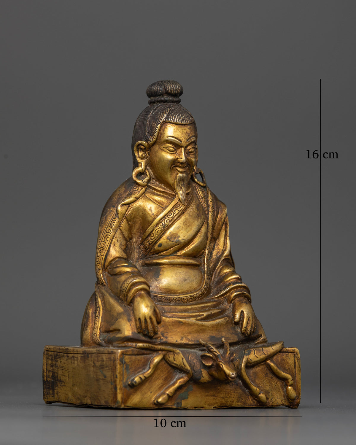 Marpa Lotsawa Buddhist sculpture seated in full meditation posture with intricate details and an antique gold finish