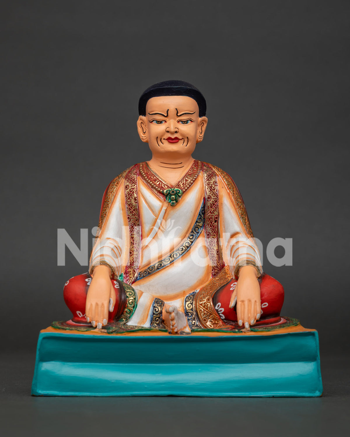 Marpa Lotsawa statue, front view of handcrafted copper Kagyu master in meditation