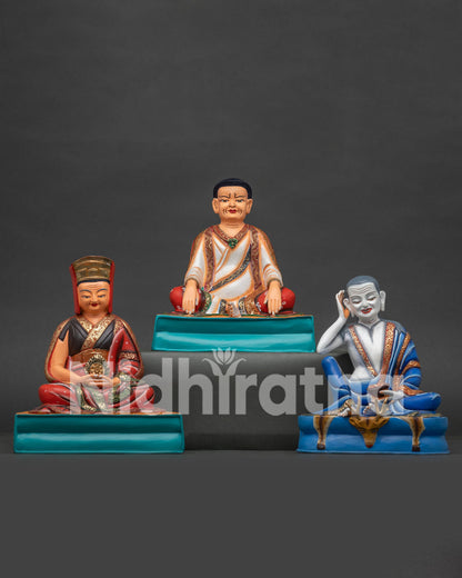 Marpa, Milarepa and Gampopa statue set, front view of handcrafted copper Kagyu lineage masters