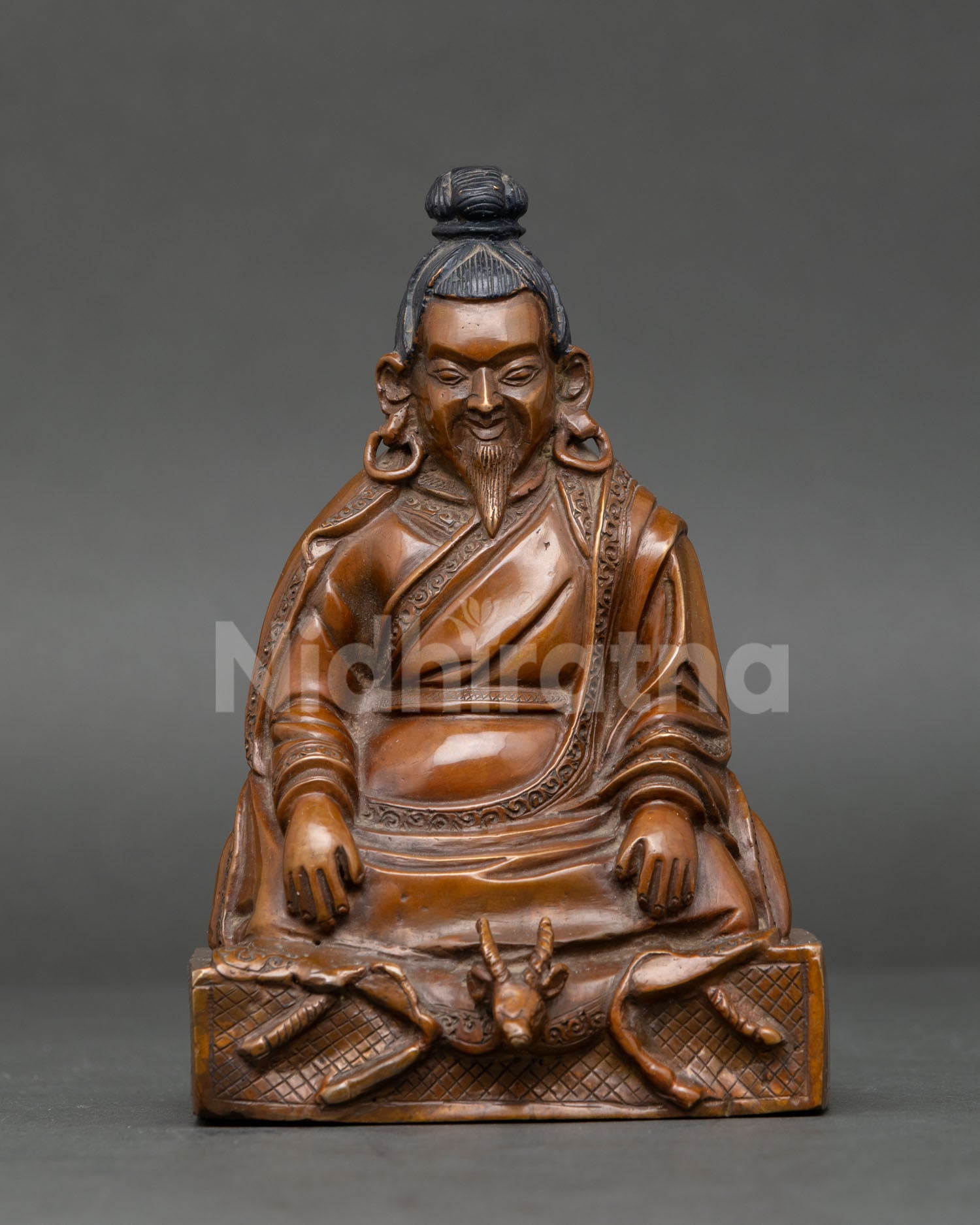 Marpa statue, handmade in Nepal with oxidized copper finish and serene meditation posture