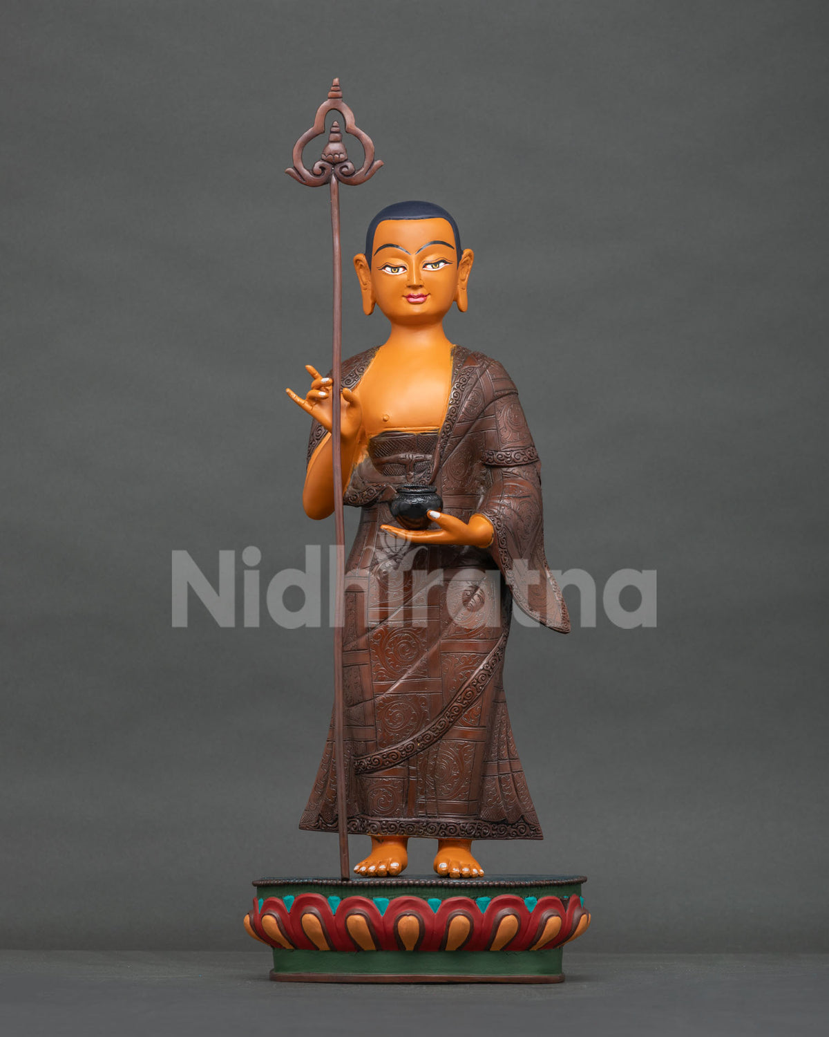 Maudgalyayana copper statue front view, handmade Buddhist disciple statue Nepal
