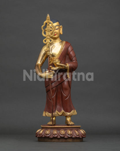 Maudgalyayana statue front view, gold gilded copper sculpture of Buddha's disciple