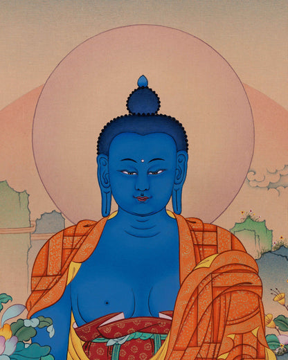 Close-up of Medicine Buddha Thangka Face | Detailed artwork highlighting