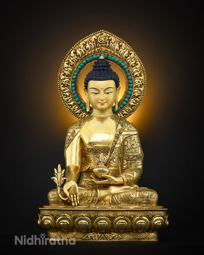 Medicine Buddha Bhaisajyaguru statue front view, gold gilded copper Nepal sculpture