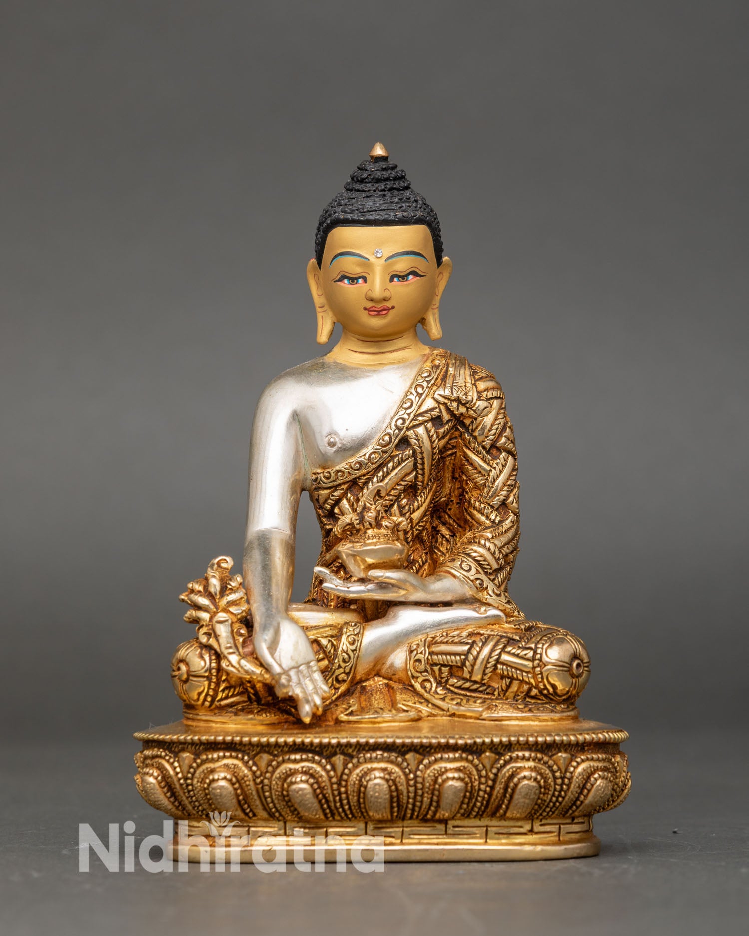 Medicine Buddha back,  healing bowl, myrobalan stem, detailed robes, Nepal