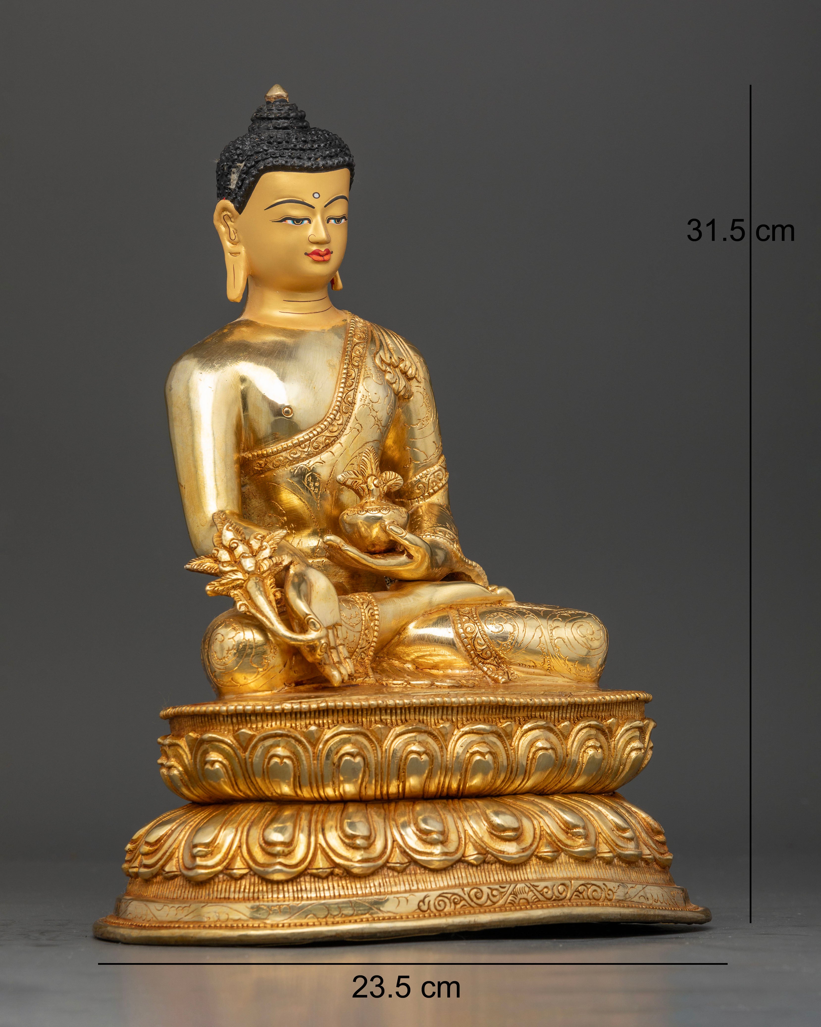 Medicine Buddha holding a myrobalan plant and healing nectar bowl in traditional Buddhist art