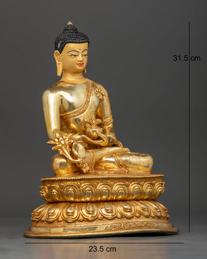 Medicine Buddha holding a myrobalan plant and healing nectar bowl in traditional Buddhist art