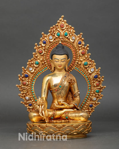 Medicine Buddha holding healing herbs and myrobalan stem with decorative halo
