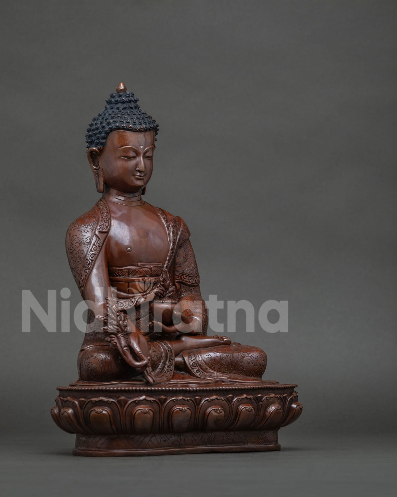Medicine Buddha holding healing nectar bowl with Myrobalan plant in Patan craft.