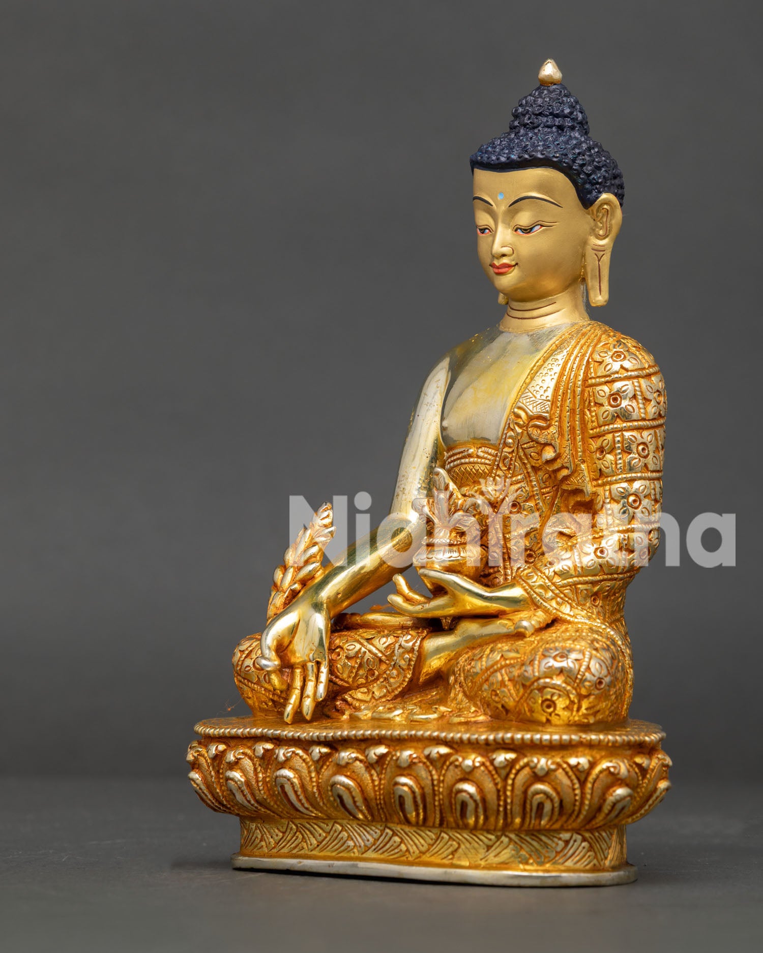 Medicine Buddha Holding Myrobalan Plant and Nectar Bowl Handcrafted in Nepal.