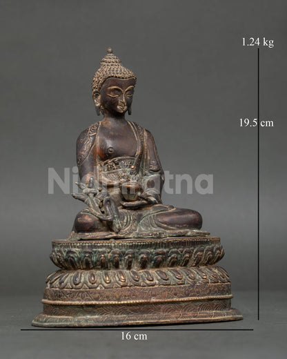 Medicine Buddha holding sacred myrobalan plant and traditional medicine bowl.