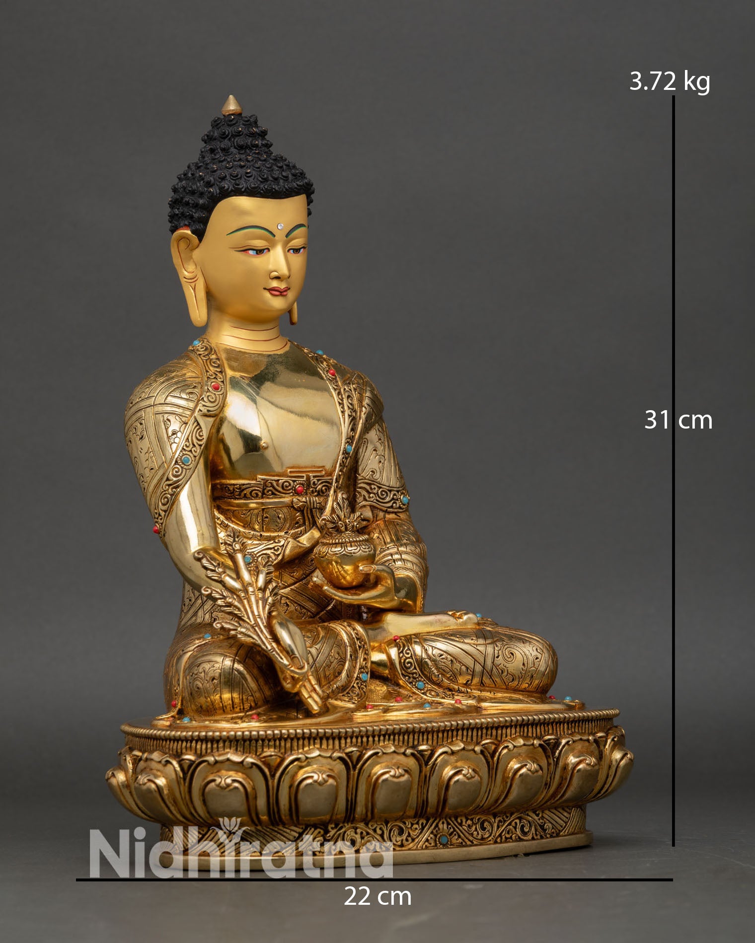 Medicine Buddha right profile view, handcrafted Nepal copper statue, gold gilded healing Buddha seated on lotus