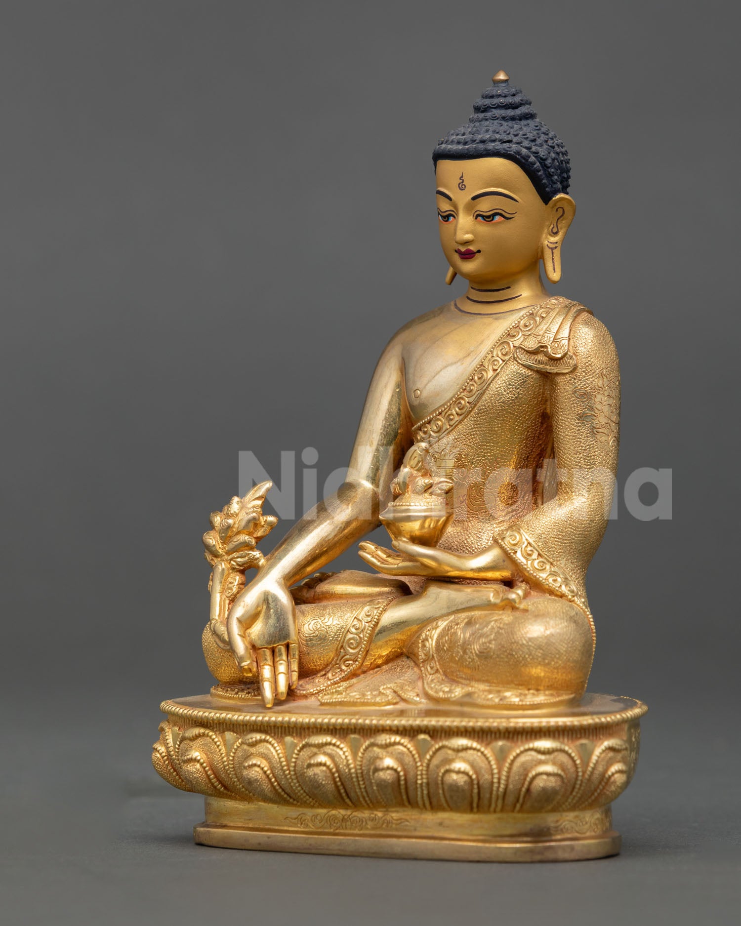 Medicine Buddha sculpture from Nepal with healing mudra bowl and sacred medicinal plant details