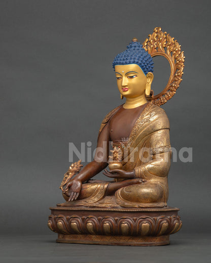 medicine buddha seated lotus throne oxidized copper buddhist healing deity