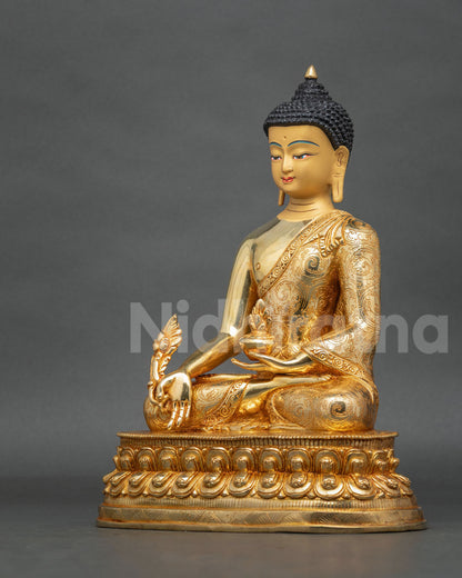 Medicine Buddha seated on a lotus pedestal holding a myrobalan plant stem and nectar bowl, symbolizing healing, compassion, and spiritual well-being.