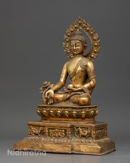 Medicine buddha seated on celestial throne with snow lion engravings.