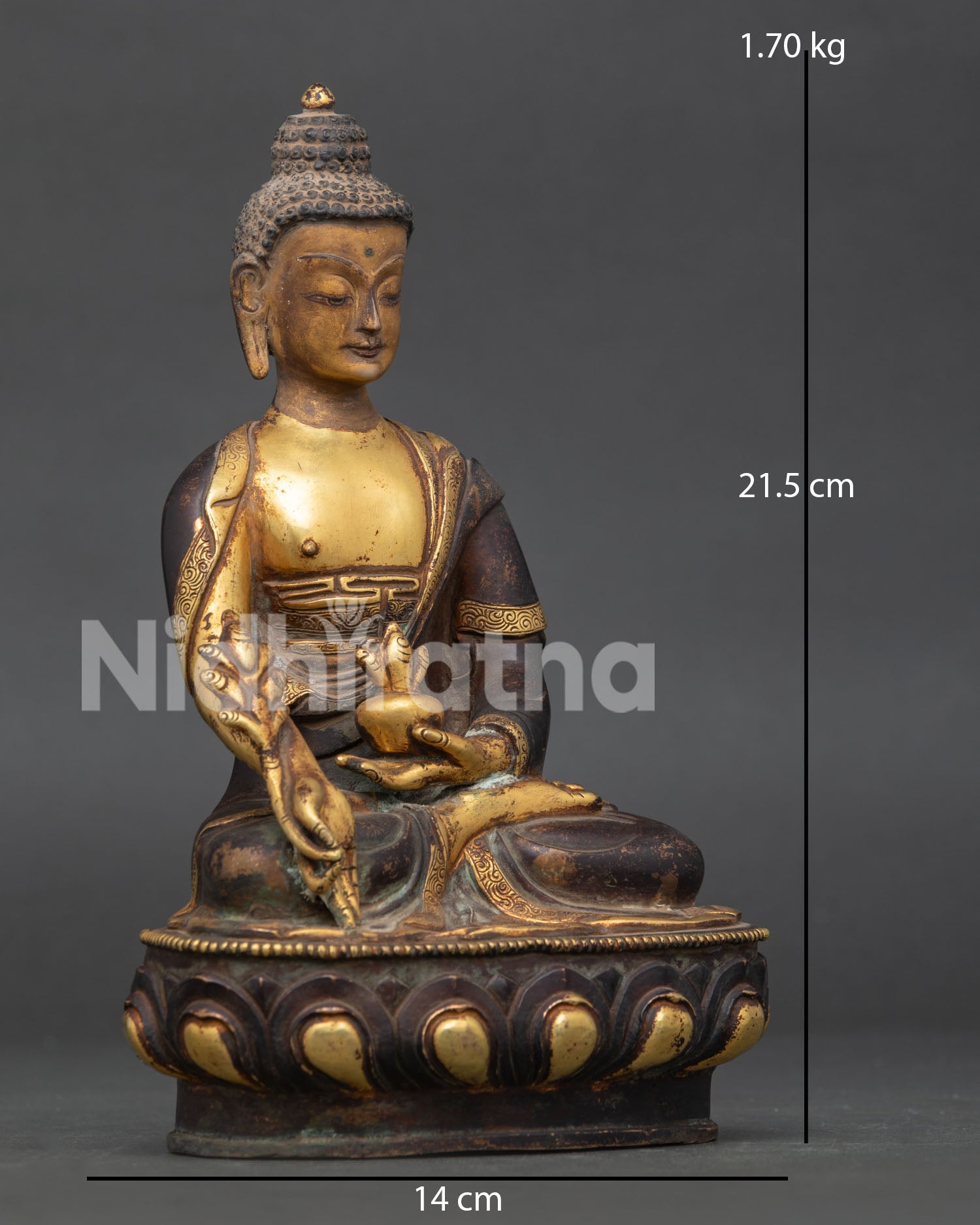 Medicine Buddha Seated on Handcarved Lotus Pedestal with Healing Nectar Bowl.