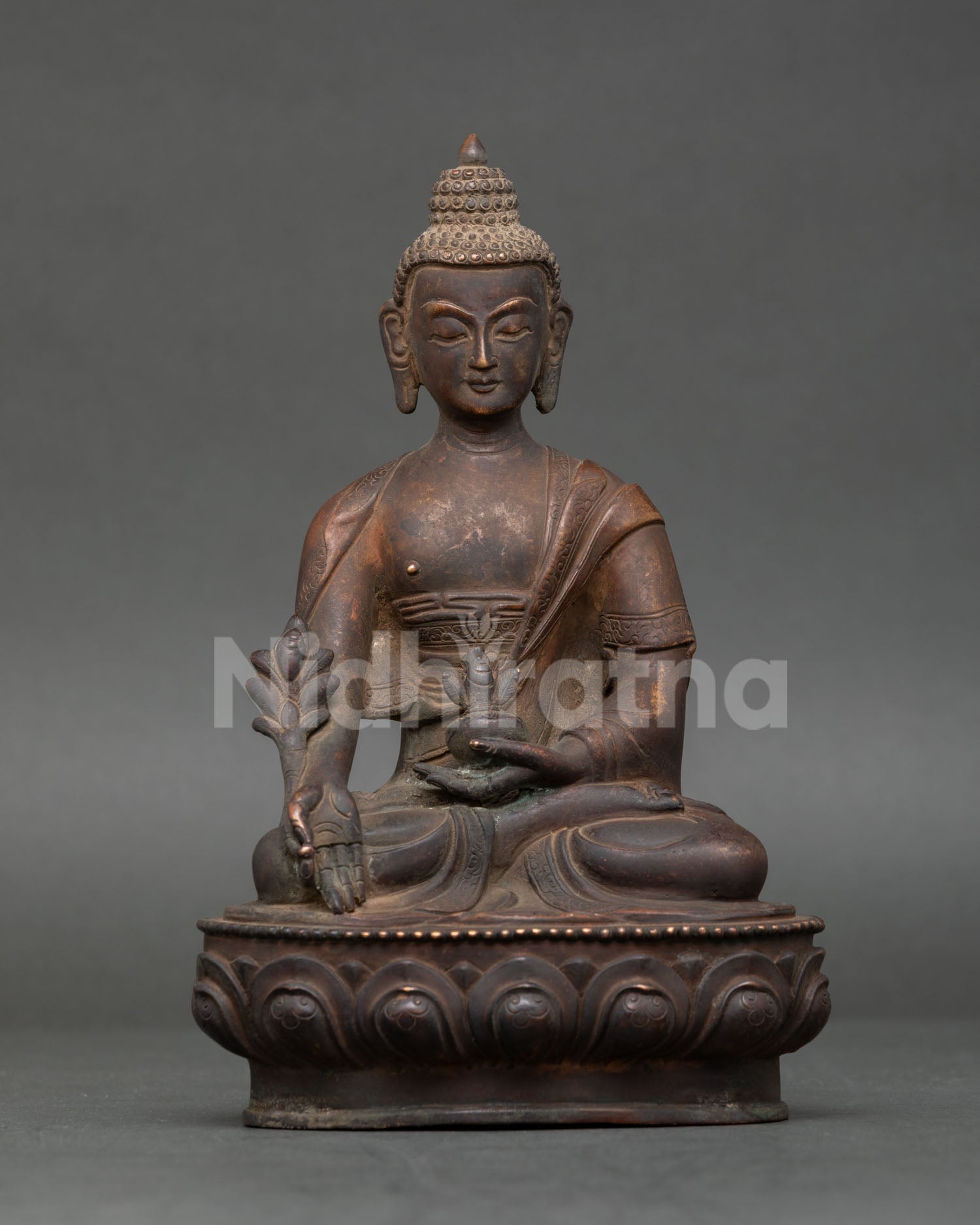 Medicine Buddha seated on lotus pedestal holding healing nectar bowl and Myrobalan plant.
