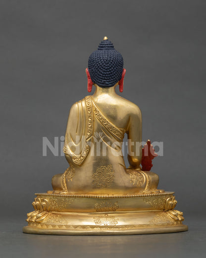 Medicine Buddha Statue back view, copper gold gilded sculpture from Nepal