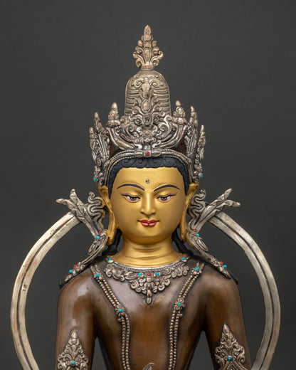 Medicine Buddha Statue Close-Up – Gold Face, Turquoise Crown, Oxidized Silver Finish