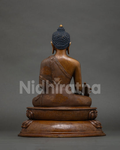 Medicine Buddha statue copper sculpture oxidized himalayan buddhist art.