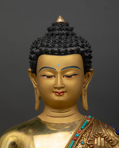 Medicine Buddha statue detailed close up, sacred healing Buddha craftsmanship with ornate copper and gold finish
