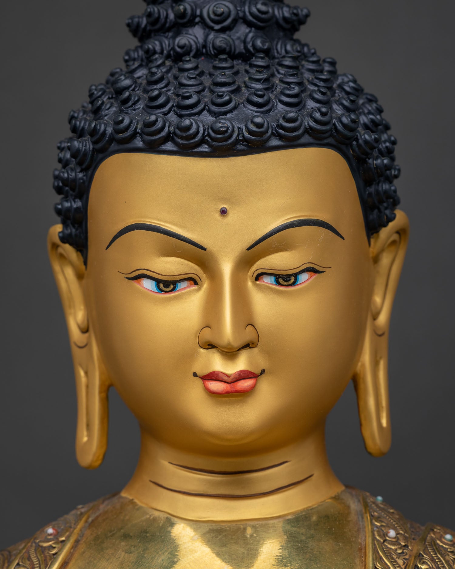 Medicine Buddha Statue Face Close-Up | 24K Gold-Painted Bhaisajyaguru Expression