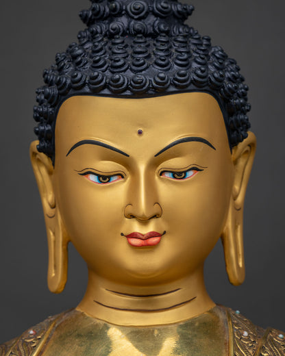Medicine Buddha Statue Face Close-Up | 24K Gold-Painted Bhaisajyaguru Expression