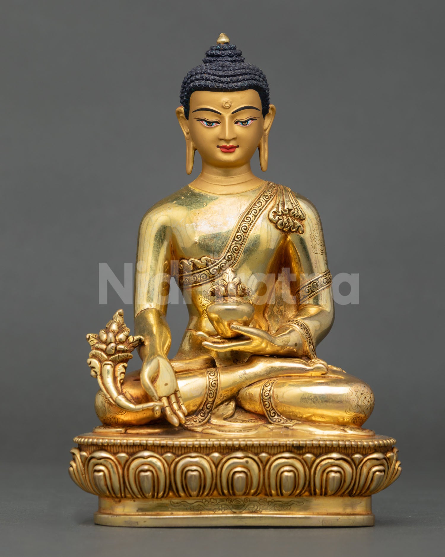 Medicine Buddha statue for altar, copper gold gilded Nepalese Buddhist healing sculpture