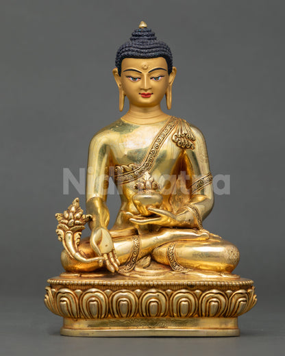 Medicine Buddha statue for altar, copper gold gilded Nepalese Buddhist healing sculpture
