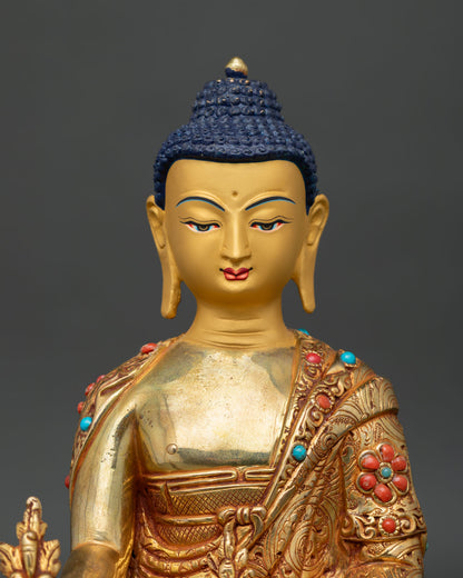 Medicine Buddha Statue for altar with copper gold gilded finish symbolizing healing and compassion