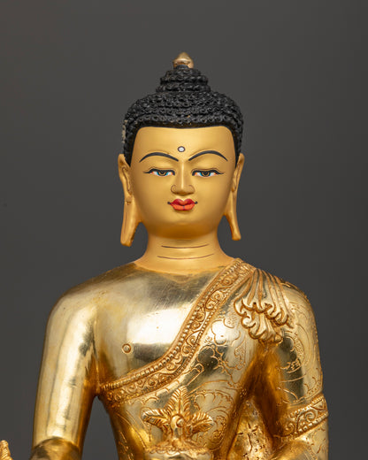 Medicine Buddha statue from Nepal with luminous gold fire gilding and gold-painted face