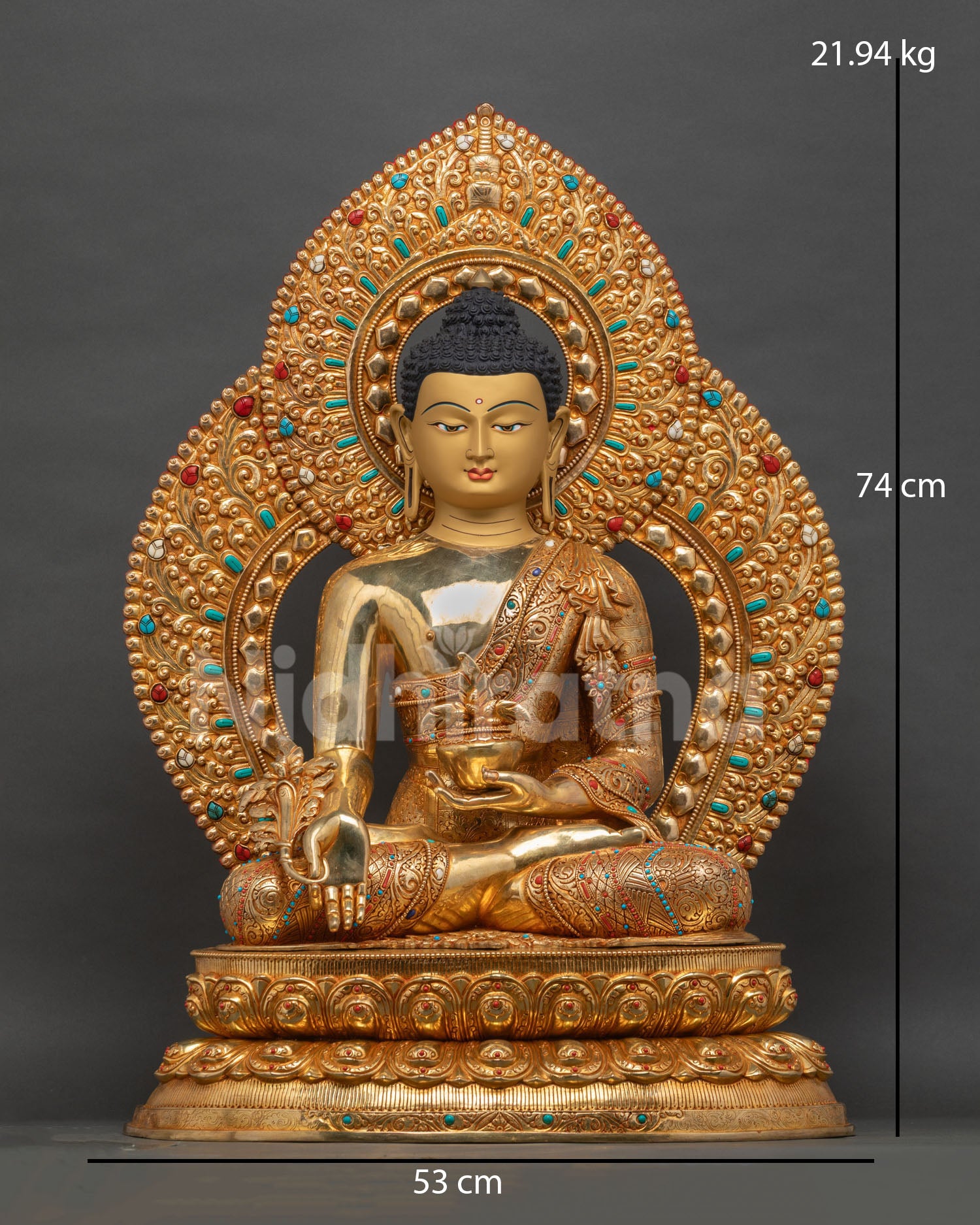 Medicine Buddha Statue Front View | 24K Gold Fire-Gilded Copper Sculpture