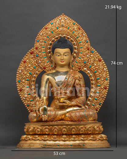 Medicine Buddha Statue Front View | 24K Gold Fire-Gilded Copper Sculpture