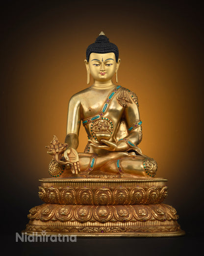 Medicine Buddha statue front view, 24K gold gilded copper, handcrafted Nepalese artisan work