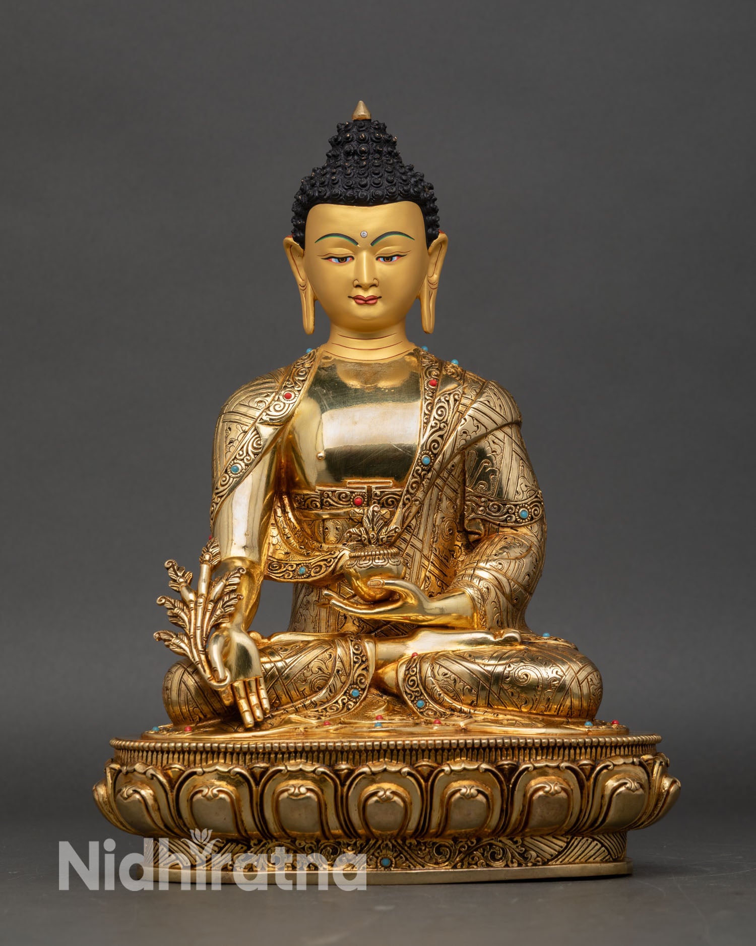 Medicine Buddha statue front view, Bhaisajyaguru copper sculpture, gold fire gilded Nepal Buddhist art on lotus throne
