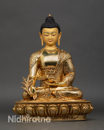 Medicine Buddha statue front view, Bhaisajyaguru copper sculpture, gold fire gilded Nepal Buddhist art on lotus throne