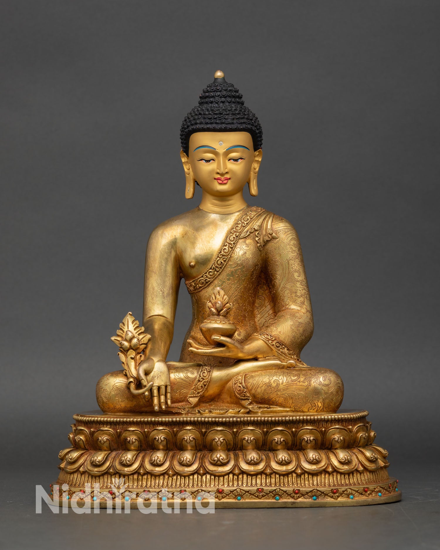 Medicine Buddha statue front view handmade healing deity seated lotus pedestal Buddhist altar art
