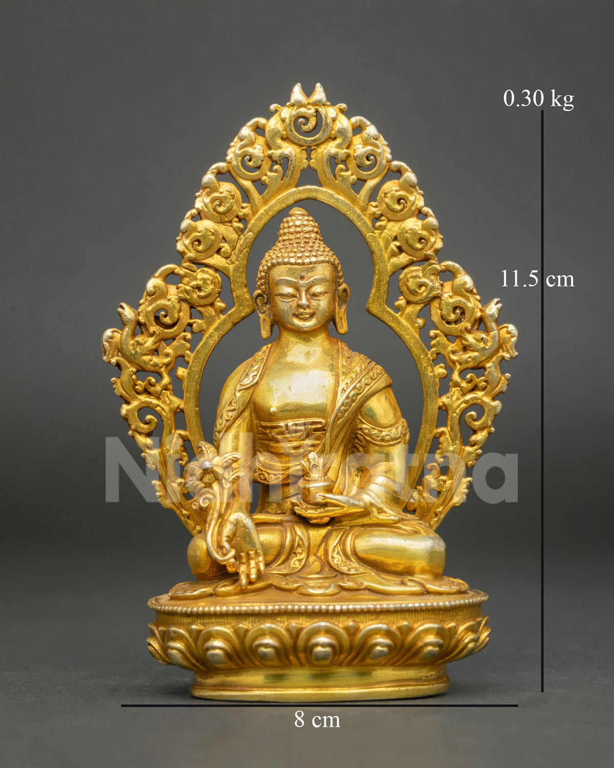 Medicine Buddha statue holding a healing bowl and presenting the sacred myrobalan plant, finished with 24K gold-painted details.