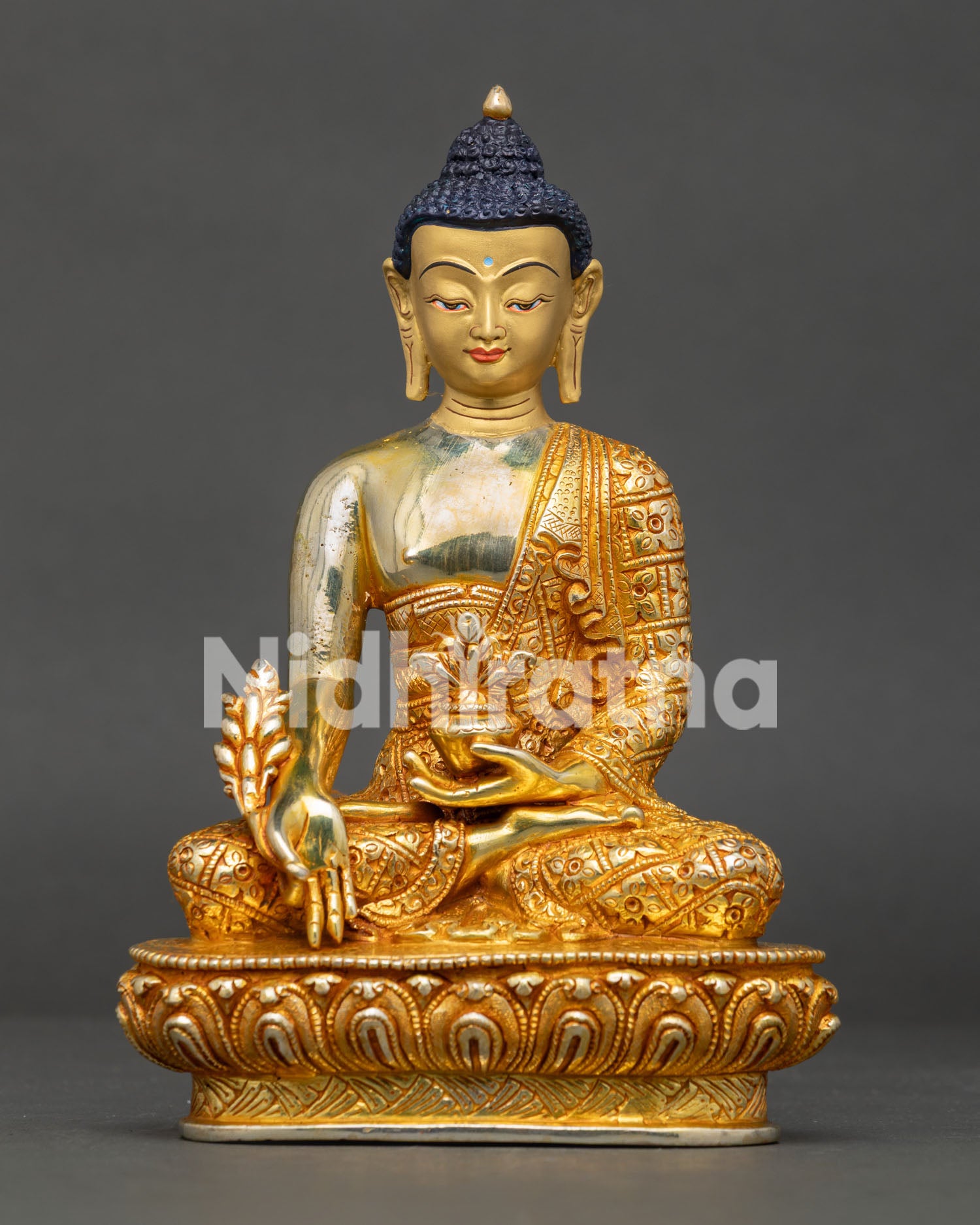 Medicine Buddha Statue Front View Holding Myrobalan Plant and Nectar Bowl.
