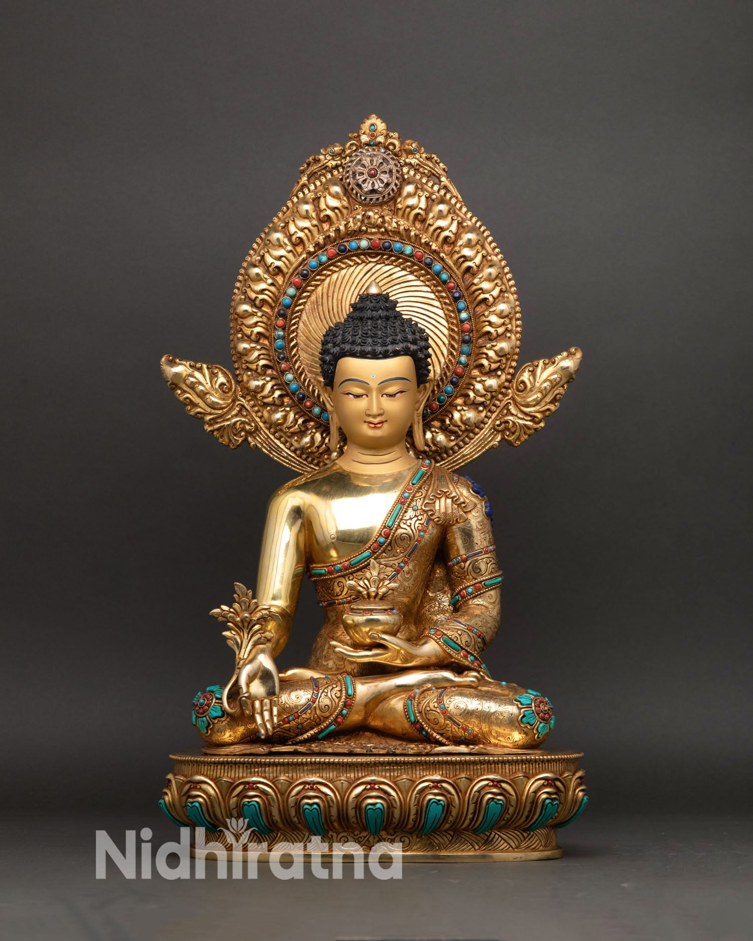 Medicine Buddha statue front view, Sangye Menla copper sculpture with gold gilding