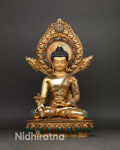 Medicine Buddha statue front view, Sangye Menla copper sculpture with gold gilding
