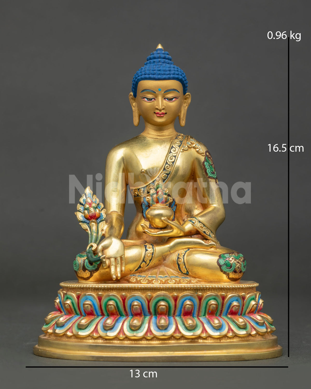 Medicine Buddha statue gold fire gilded copper patan nepal.