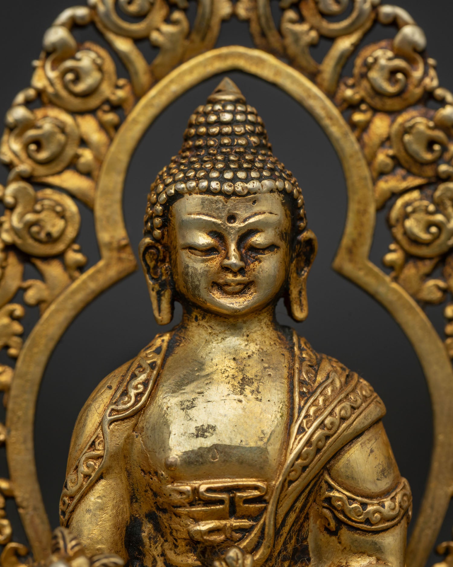 Medicine Buddha Statue Gold Fire Gilded Face Ornate Halo Close Up.