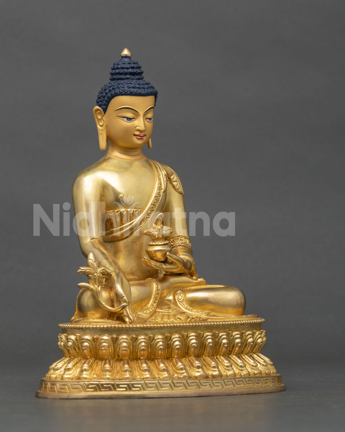 Medicine Buddha statue hand carved double lotus pedestal.
