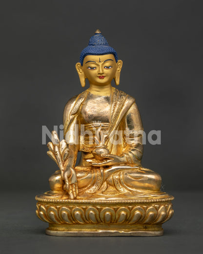 Medicine Buddha Statue Handcrafted in Nepal with 24K Gold Fire Gilding Front View.