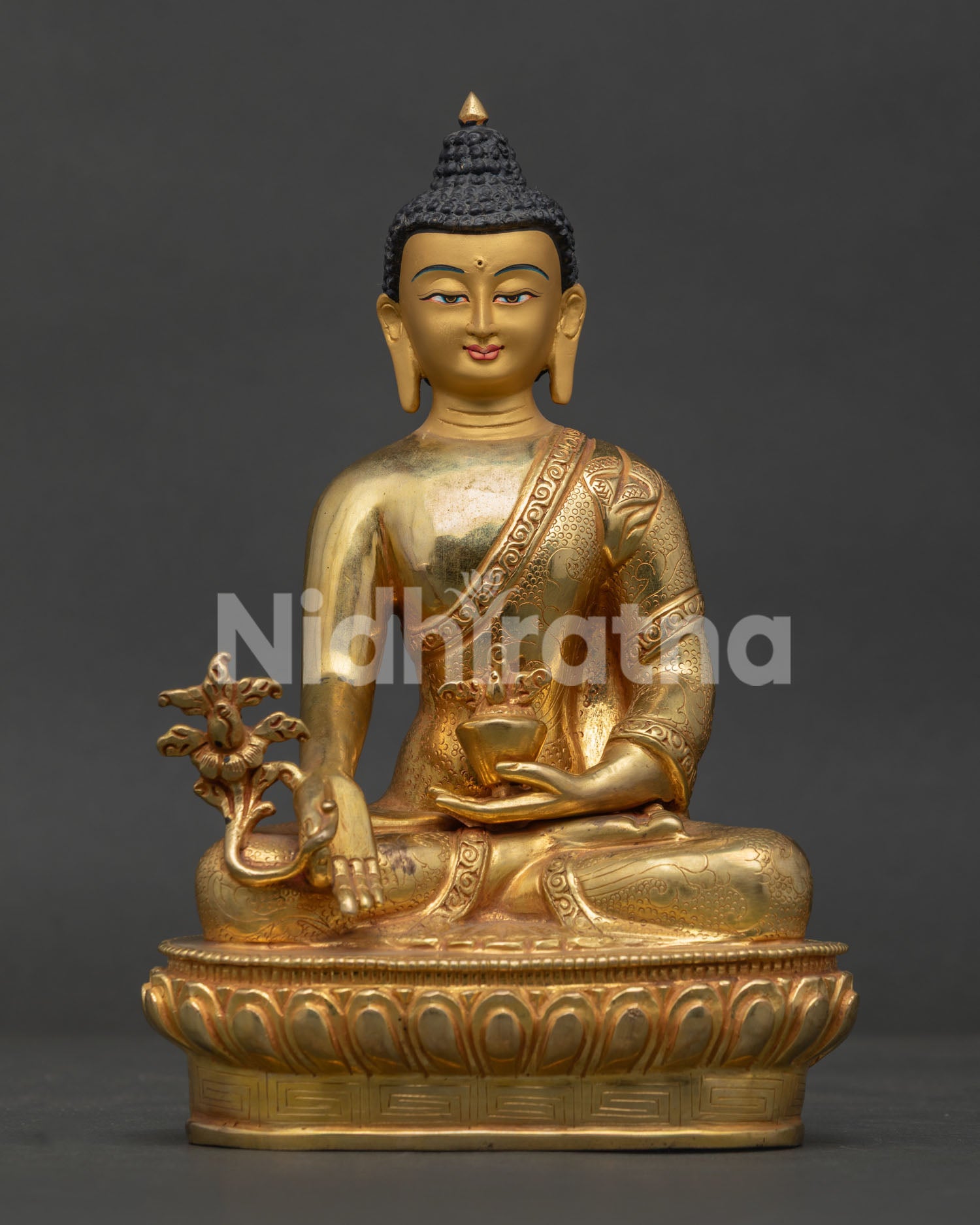 Medicine Buddha Statue Handcrafted in Nepal with 24K Gold Fire Gilding.